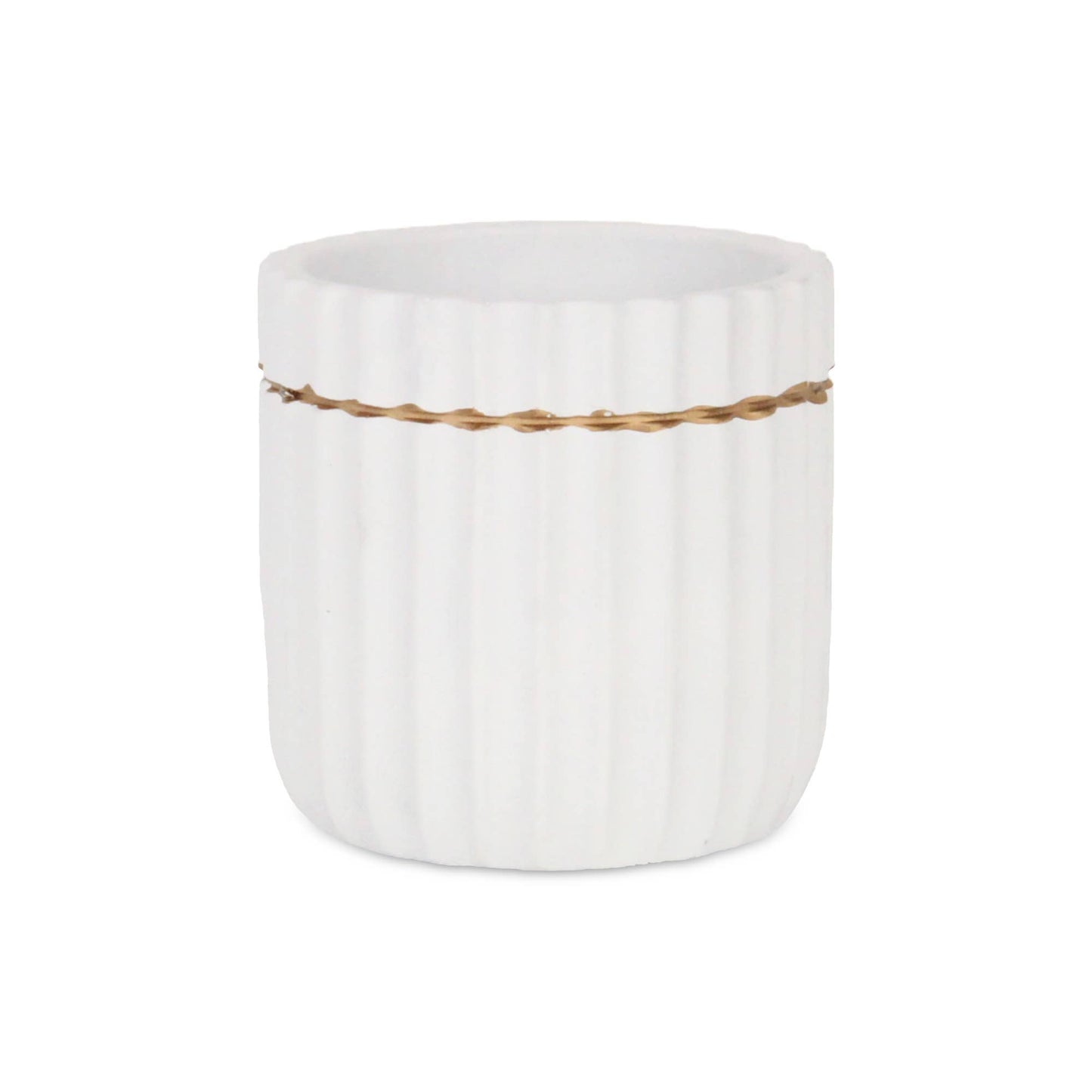 Aurine Round Gold Trimmed Ridged Ceramic Pot - White: Large