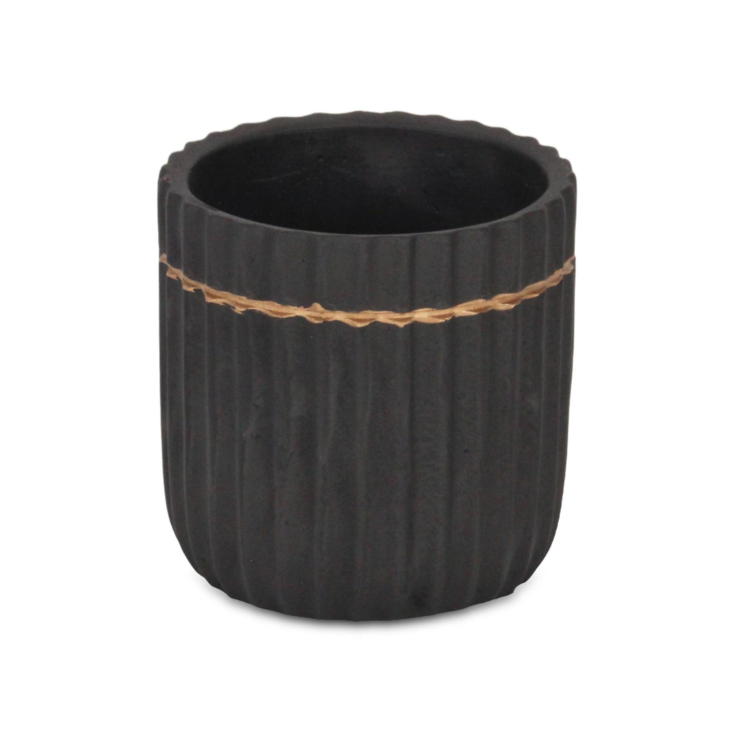 Aurine Round Gold Trimmed Ridged Ceramic Pot - Black: Small