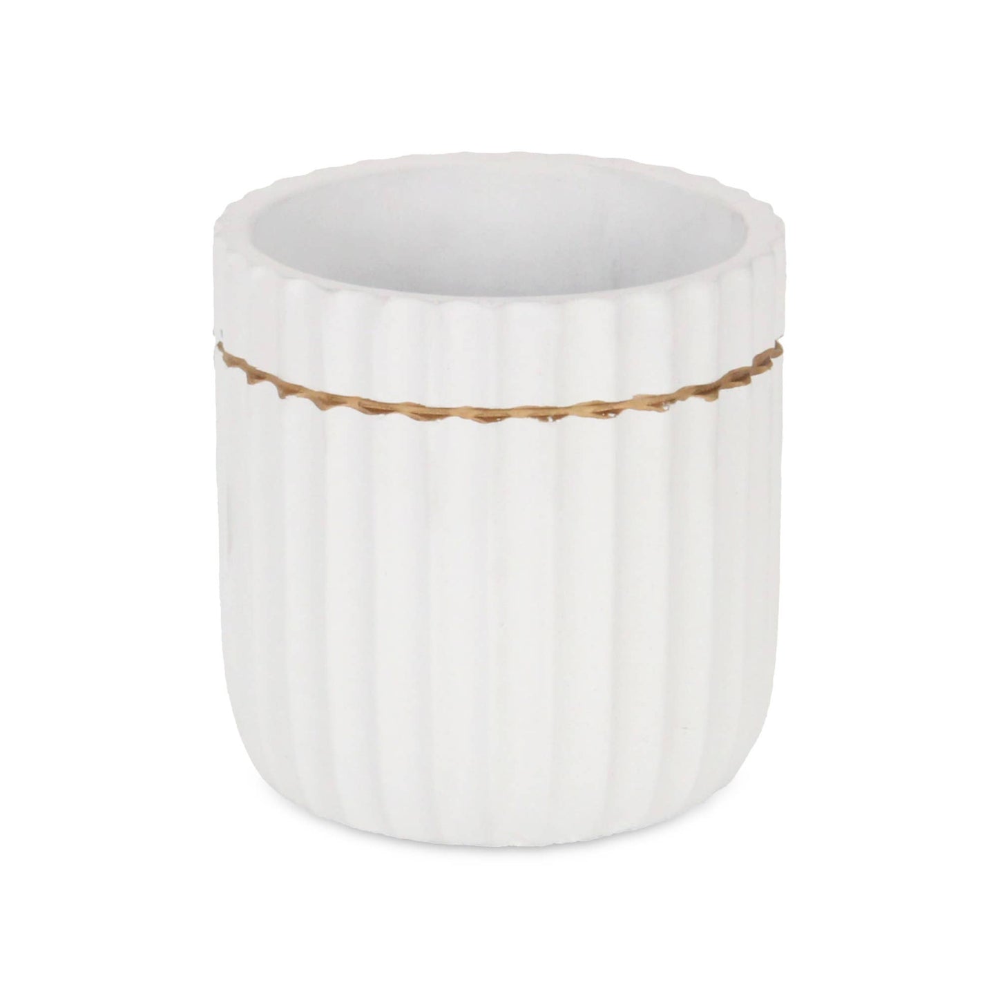 Aurine Round Gold Trimmed Ridged Ceramic Pot - White: Small