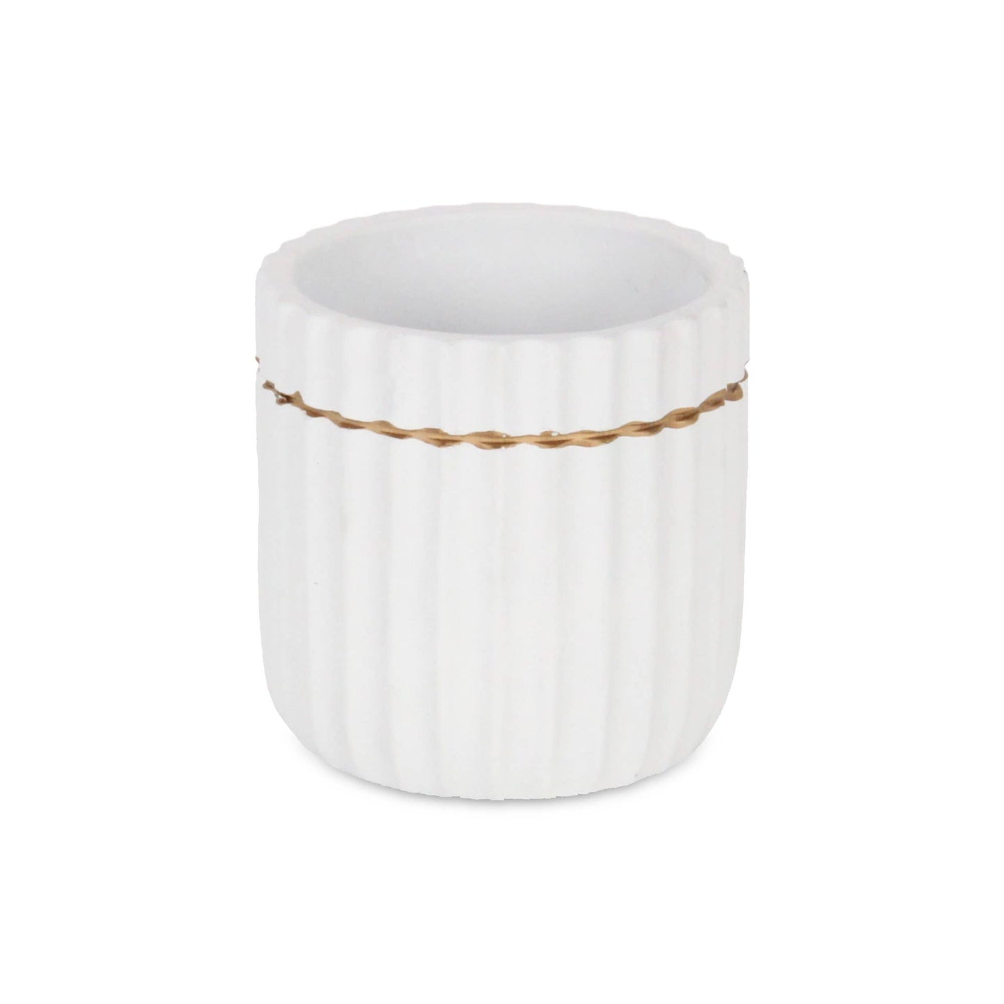 Aurine Round Gold Trimmed Ridged Ceramic Pot - White: Small