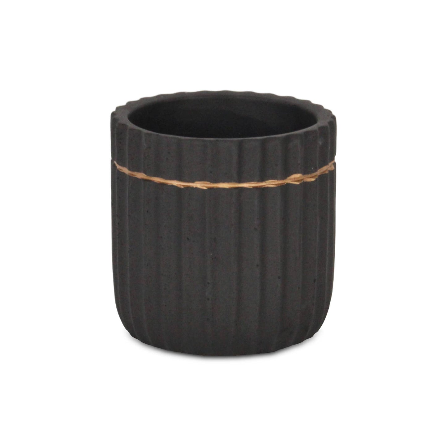 Aurine Round Gold Trimmed Ridged Ceramic Pot - Black: Small