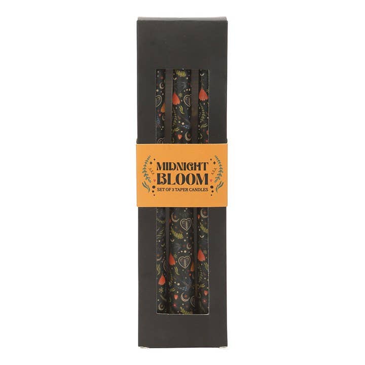 Set of 3 Black Folk Floral Print Taper Candles