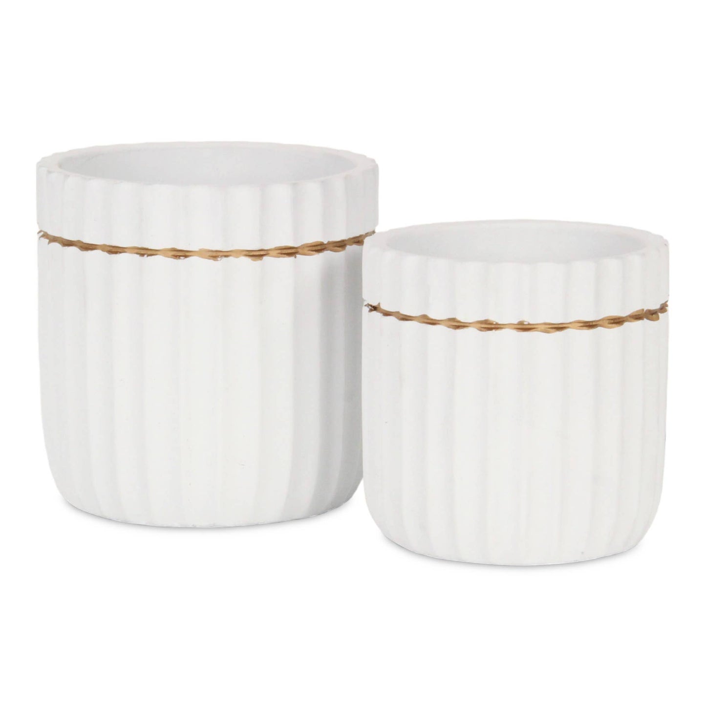 Aurine Round Gold Trimmed Ridged Ceramic Pot - White: Small