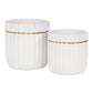 Aurine Round Gold Trimmed Ridged Ceramic Pot - White: Large