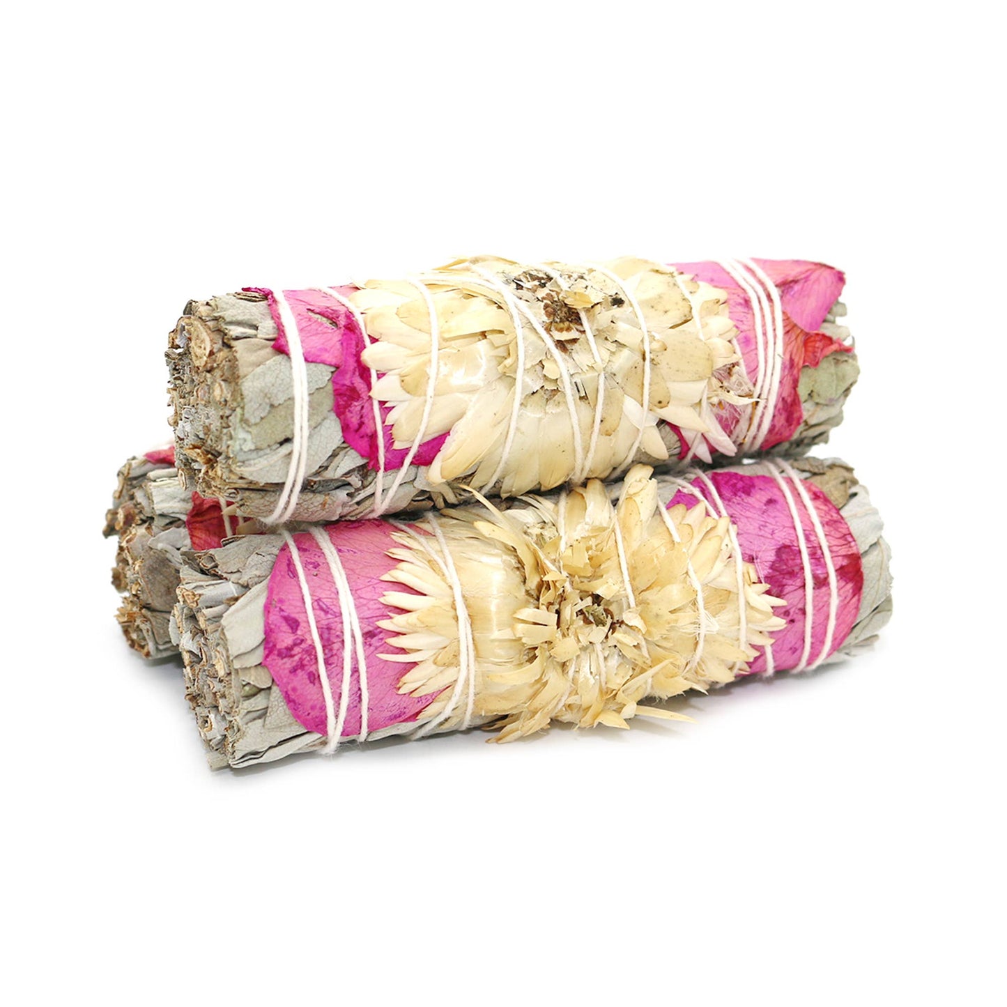 White Sage Smudge Stick, Statice & Rose - Pristine (4 in.)