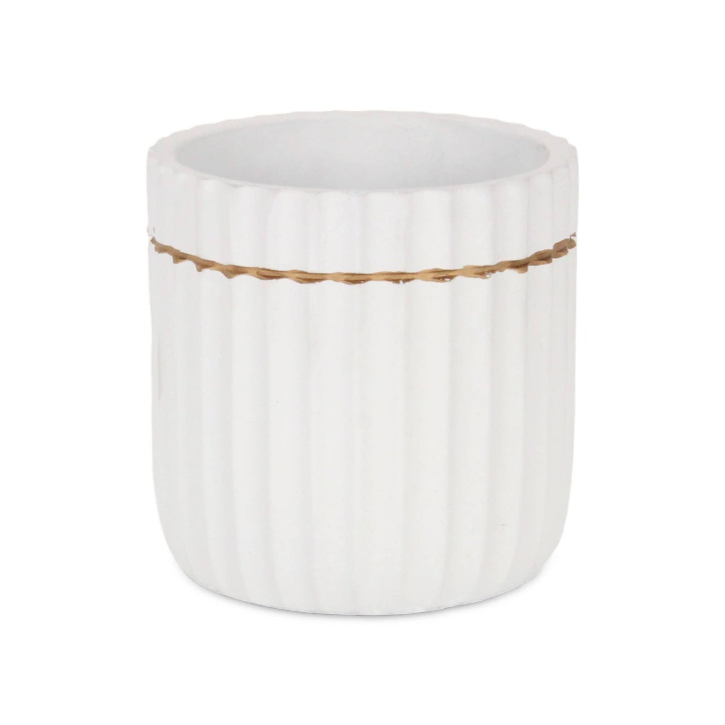 Aurine Round Gold Trimmed Ridged Ceramic Pot - White: Small