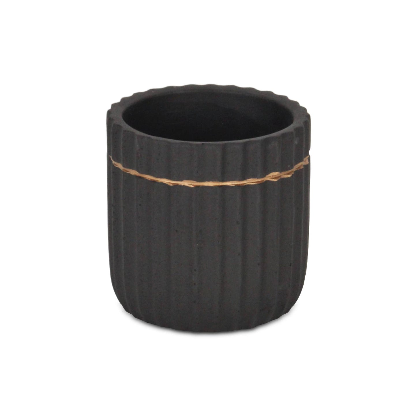 Aurine Round Gold Trimmed Ridged Ceramic Pot - Black: Large
