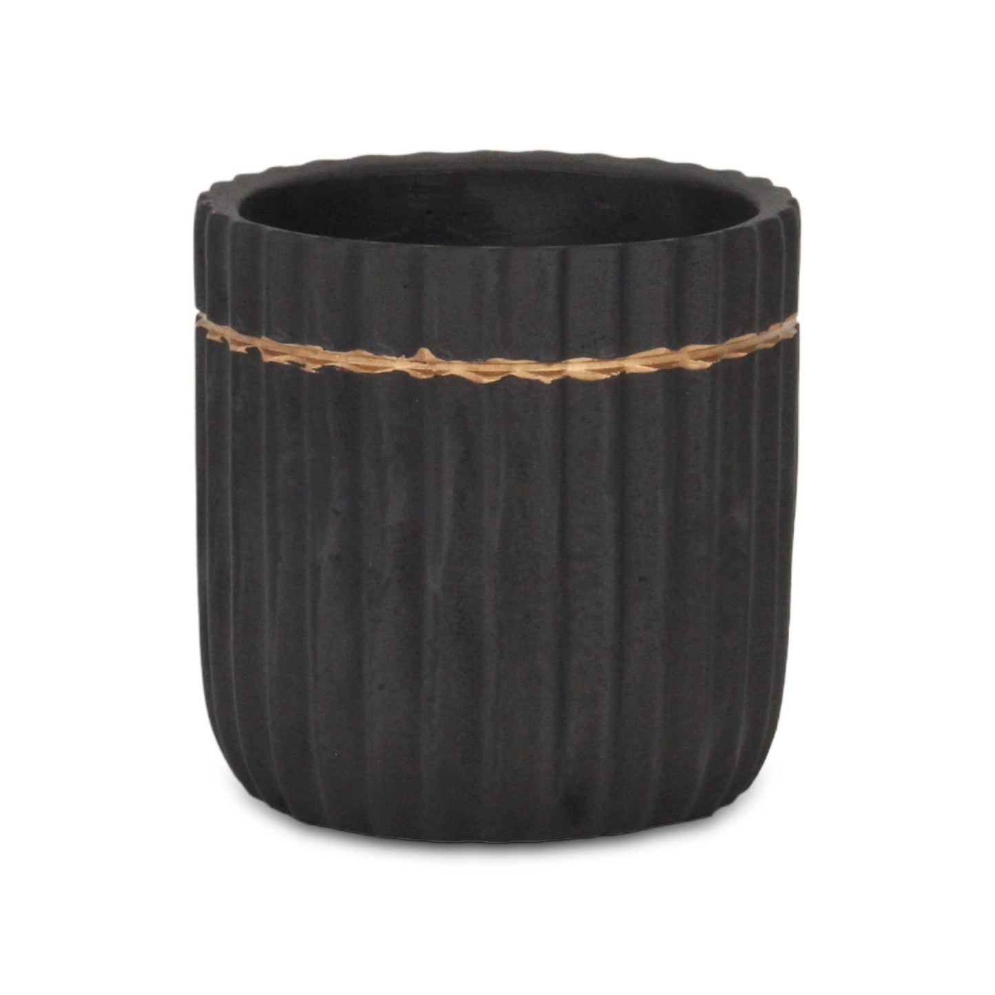 Aurine Round Gold Trimmed Ridged Ceramic Pot - Black: Large