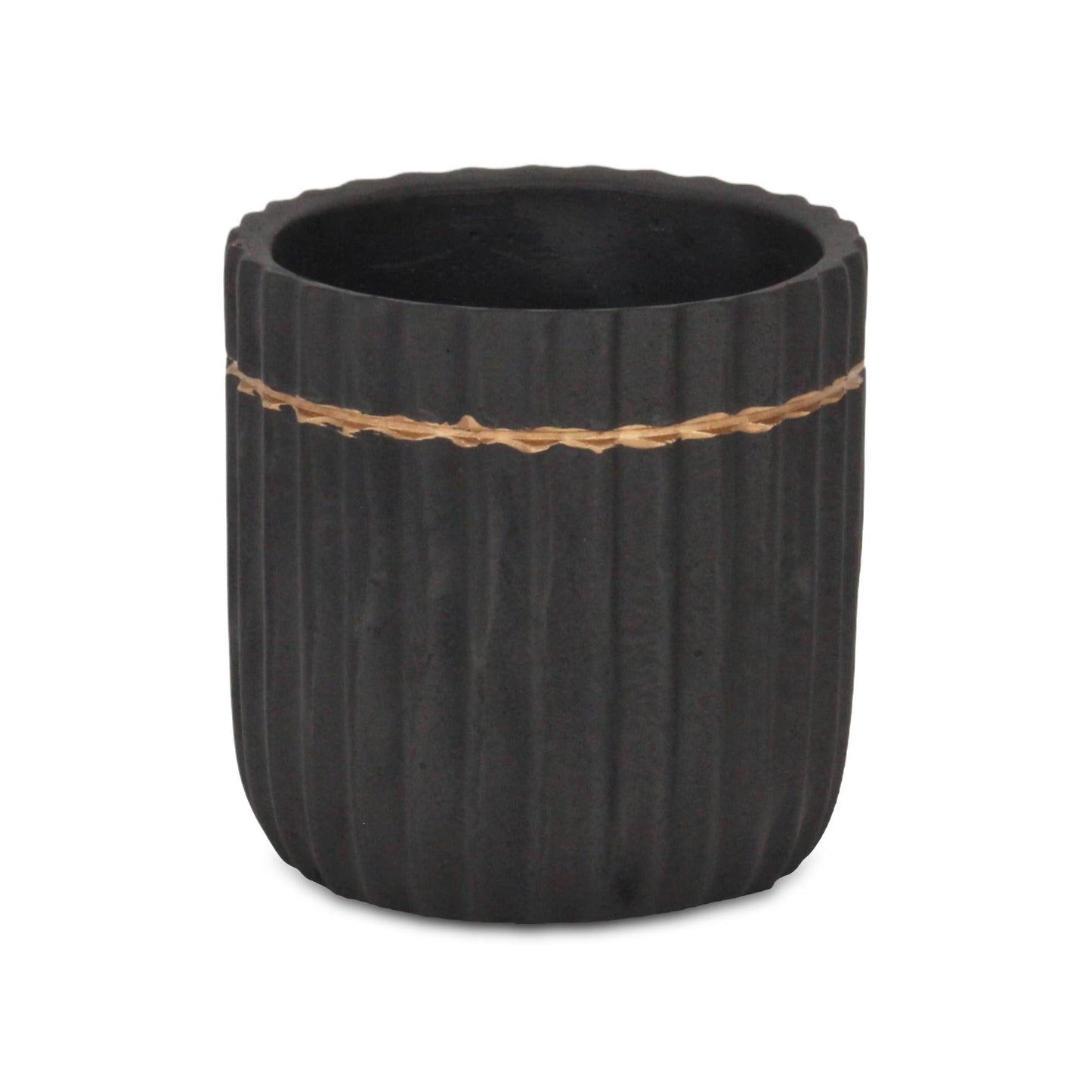 Aurine Round Gold Trimmed Ridged Ceramic Pot - Black: Large