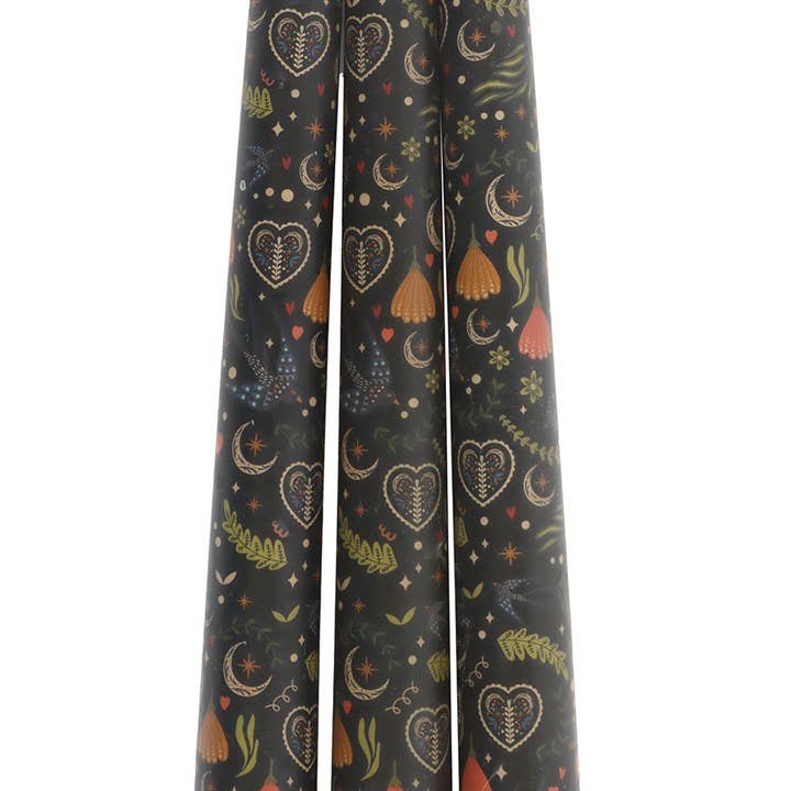 Set of 3 Black Folk Floral Print Taper Candles