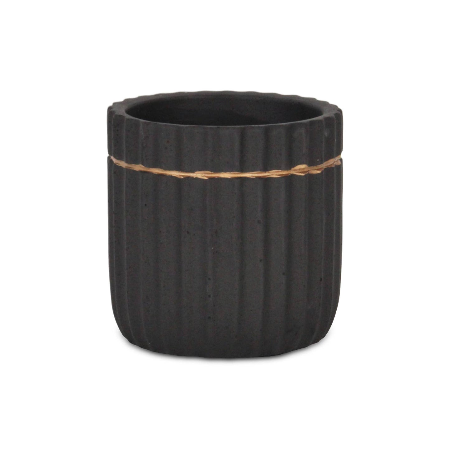 Aurine Round Gold Trimmed Ridged Ceramic Pot - Black: Small