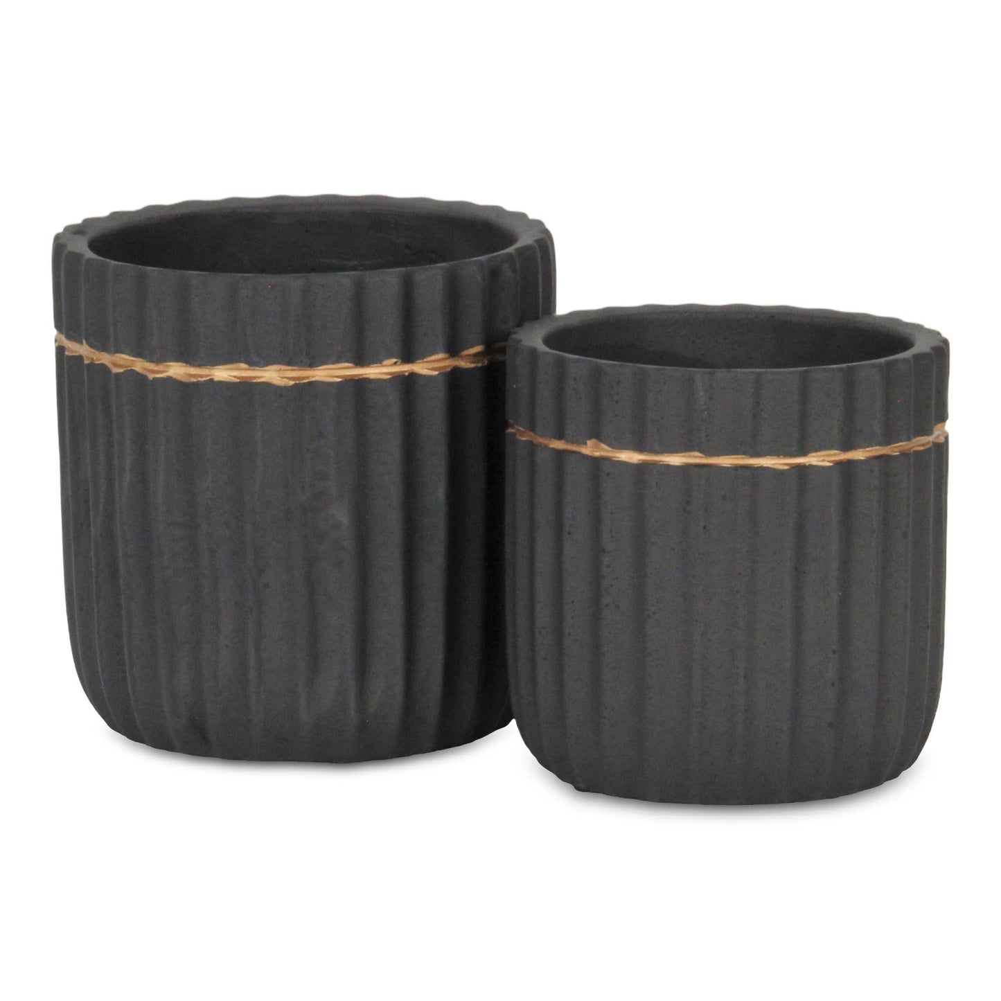 Aurine Round Gold Trimmed Ridged Ceramic Pot - Black: Large