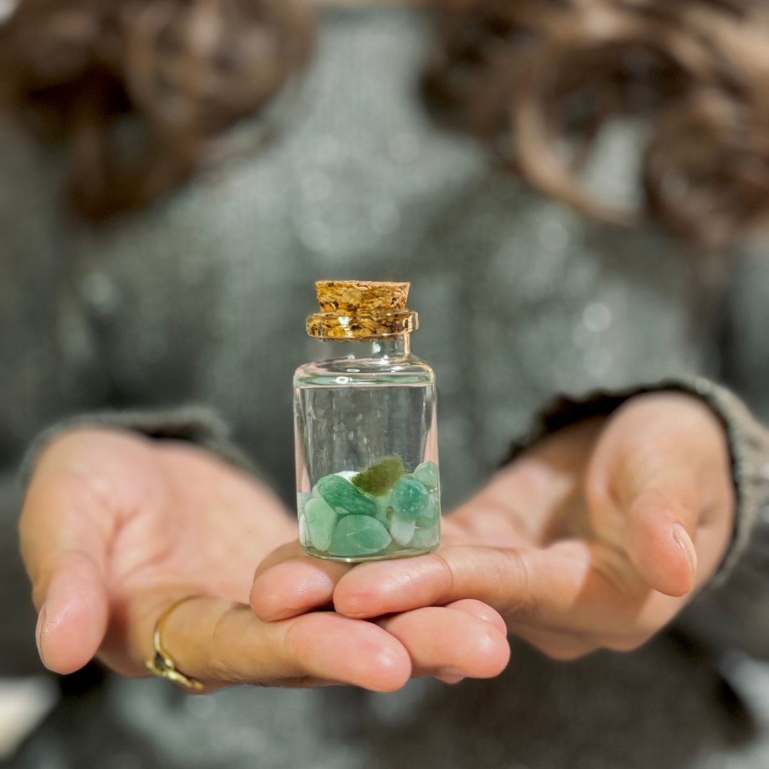 Tiny Marimo Moss Ball Terrarium with Aventurine Gemstones: Single