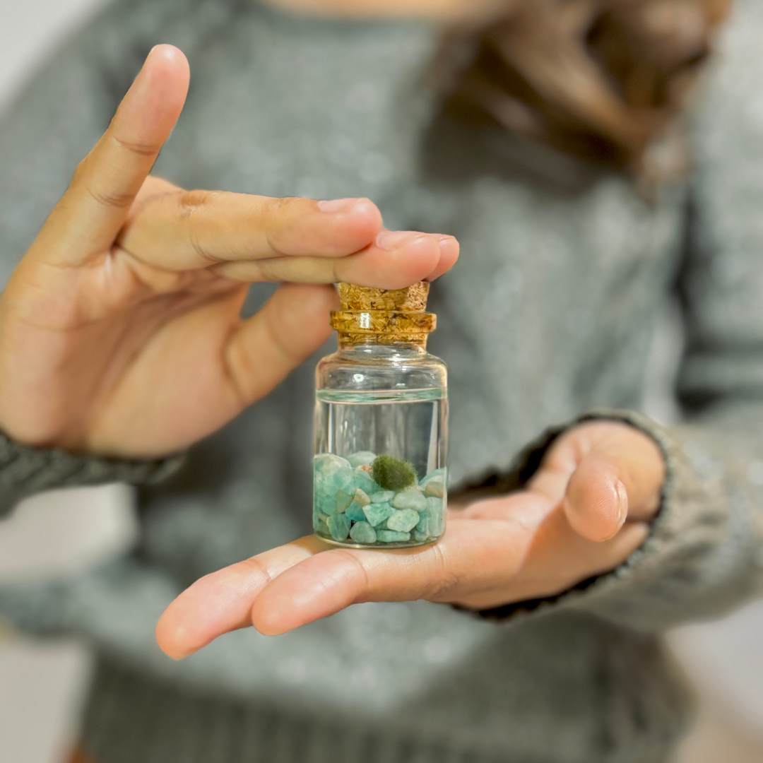 Tiny Marimo Moss Ball Terrarium with Amazonite Gemstones